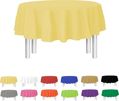 Party Dimensions Mantel de plástico desechable amarillo para mesas redondas (paquete de 12) manteles de 84 pulgadas para fiestas, eventos y bodas,