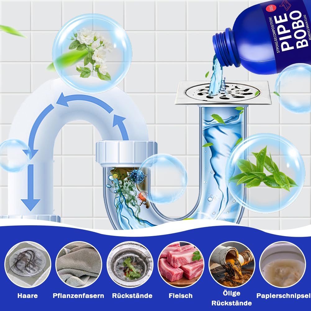 Pipe Bobo Rohrreiniger, Pipe Bobo Cleaner, Strength Pipeline Dredging Agent, Professionelles Abflussreinigungsmittel für Außenbereiche, Küchenspülen, Duschen, Badezimmer, und Toiletten (2pc)