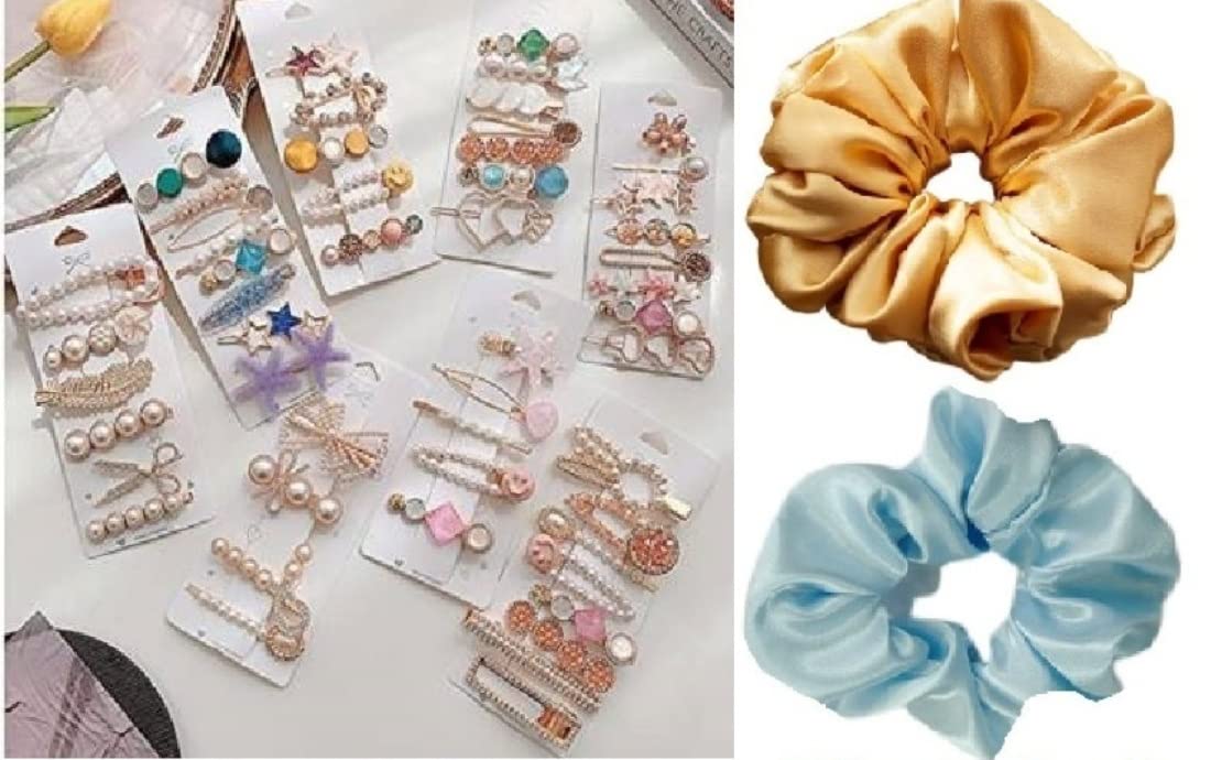Snowpearl 6 - Pieces Korean Style Pearl Barrettes Women's Set Hairpin Korean Style Hair Clip and 02 Pieces Multicolor Satin Hair Scrunchies, Ponytail Holder
