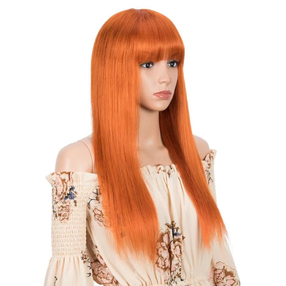 Haarpflege Ingwerorange Lange Gerade 100% Echthaar-Perücken Mit Pony Für Frauen Farbige Leimlose Perücke