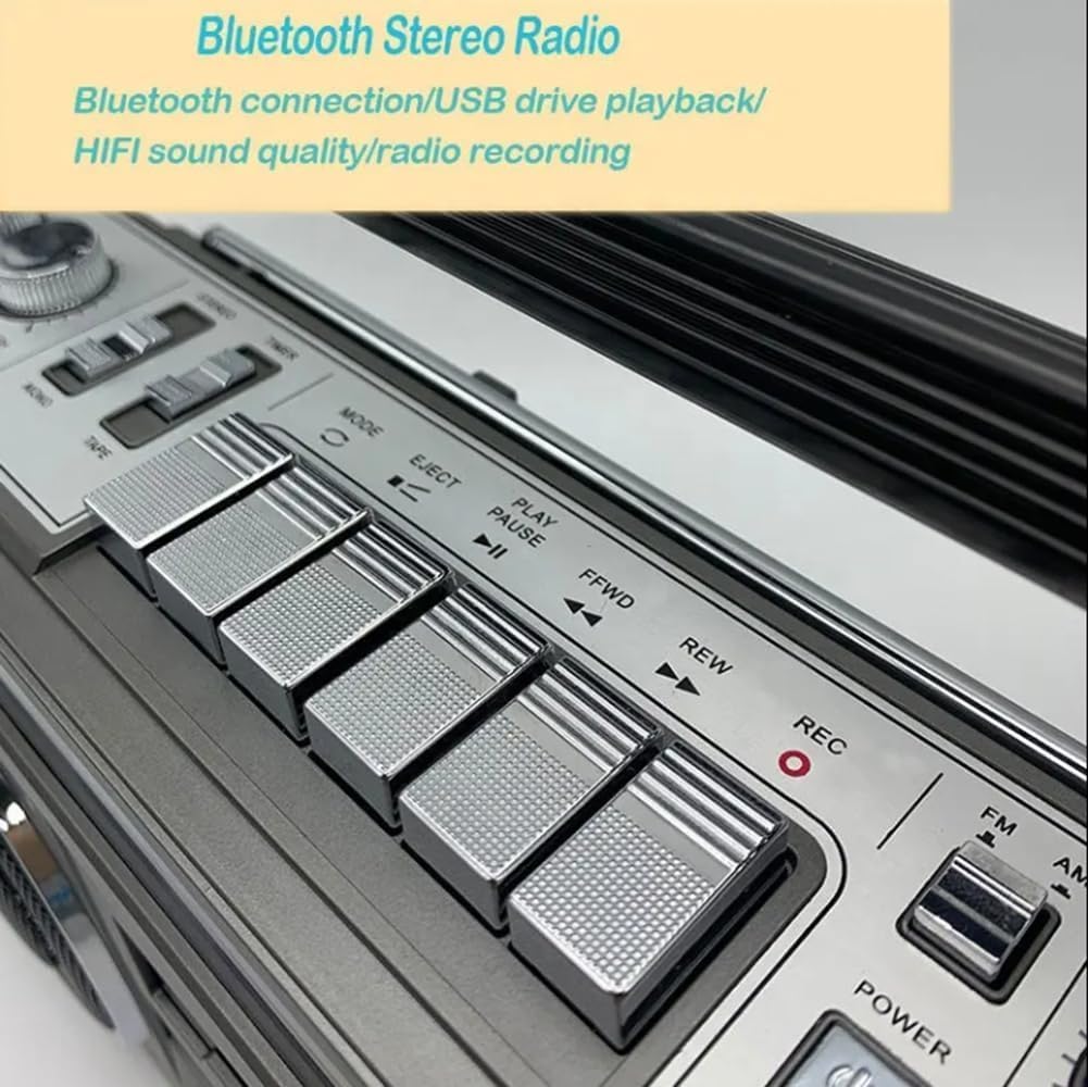 Boombox retrò con Bluetooth, radio AM/FM, lettore CD e nastro, sistema portatile a 4 altoparlanti, supporto USB/AUX per riunioni di famiglia e street dance
