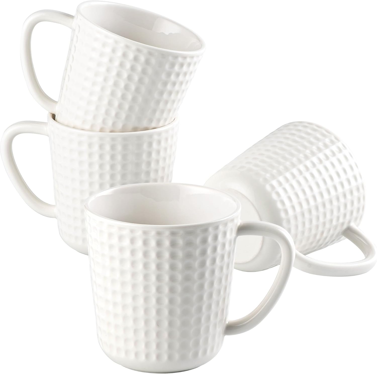Ceramic Coffee Mugs Set of 4, 14oz White Coffee Cups with Embossed Grid Texture, Modern Minimalist Coffee Mug for Latte Cappuccino Tea Cocoa, Dishwasher & Microwave Safe, Ideal Housewarming Gift