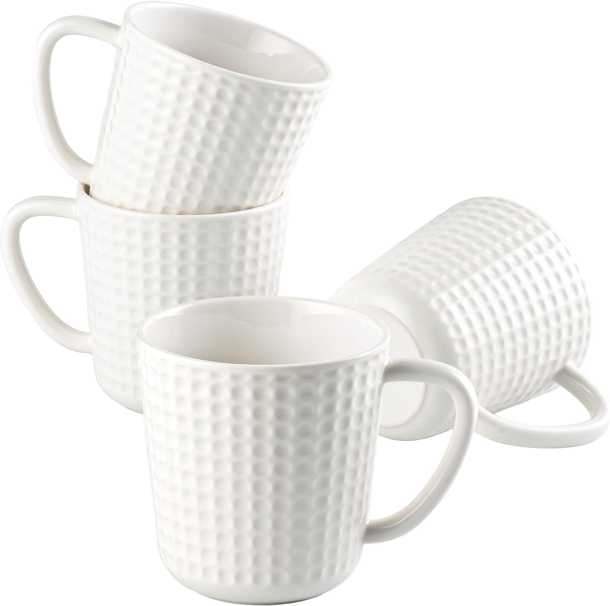Ceramic Coffee Mugs Set of 4, 14oz White Coffee Cups with Embossed Grid Texture, Modern Minimalist Coffee Mug for Latte Cappuccino Tea Cocoa, Dishwasher & Microwave Safe, Ideal Housewarming Gift