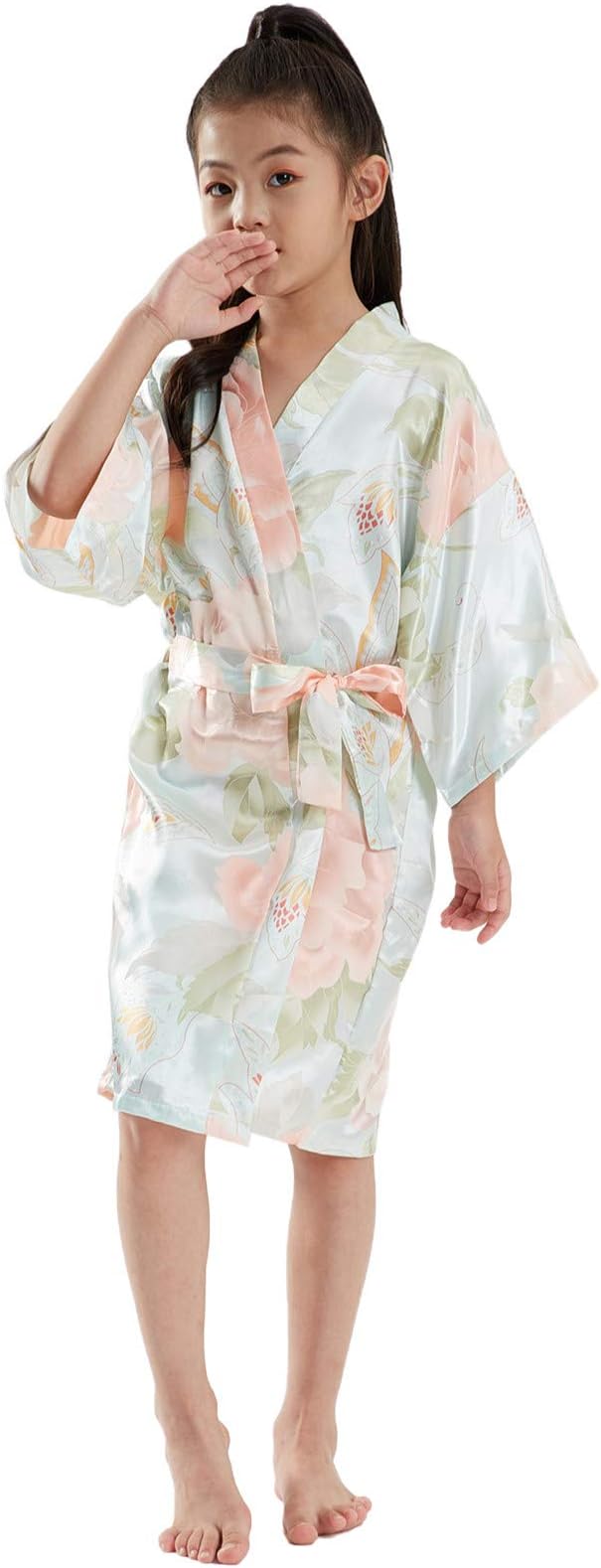 DAIMIDY Girls' Satin Kimono Robe Floral Nightgown, 2 - 10 Years