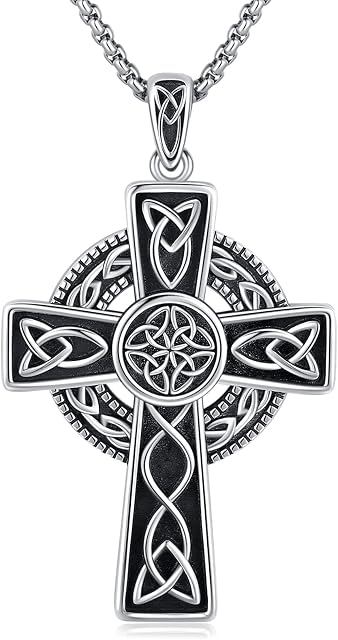Irish Celtic Cross Necklace 925 Sterling Silver Cross Pendant Necklace Celtic Viking Jewellery Religious Protective Gift for Men Women Boys