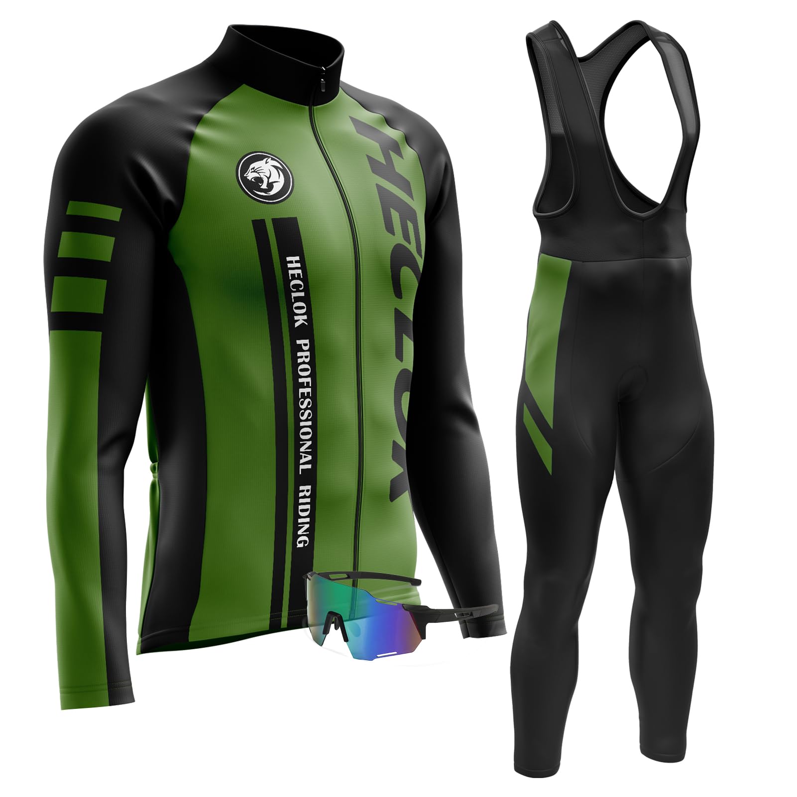 Maillot Ciclismo, Conjunto Ciclismo Hombre Manga Larga + Ropa Ciclismo con Tirantes 9D Gel Acolchado Culotte Largo＋Gafas Cortaviento Ciclismo Gafas de Sol Polarizadas