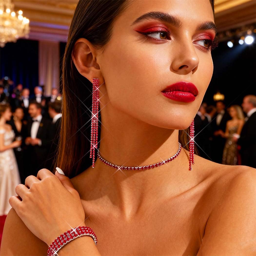 Aukmla Rhinestone Wedding Jewelry Sets Silver Choker Necklaces and Earring Bracelet Set Prom Jewelry for Brides and Women - Image 5