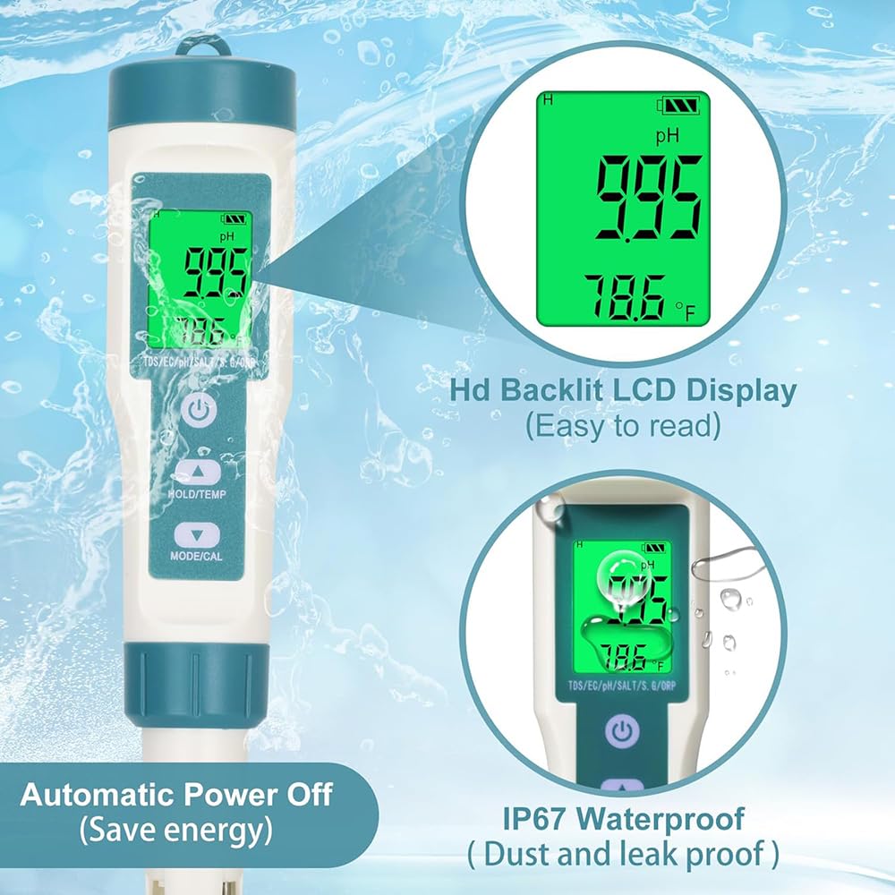 Medidor De Calidad del Agua TDS, 7 En 1 PH TDS Temperatura EC Salinidad SG ORP Medición, Garantiza Una Calidad del Agua Saludable, Pantalla LCD con Retroiluminación, para Piscinas