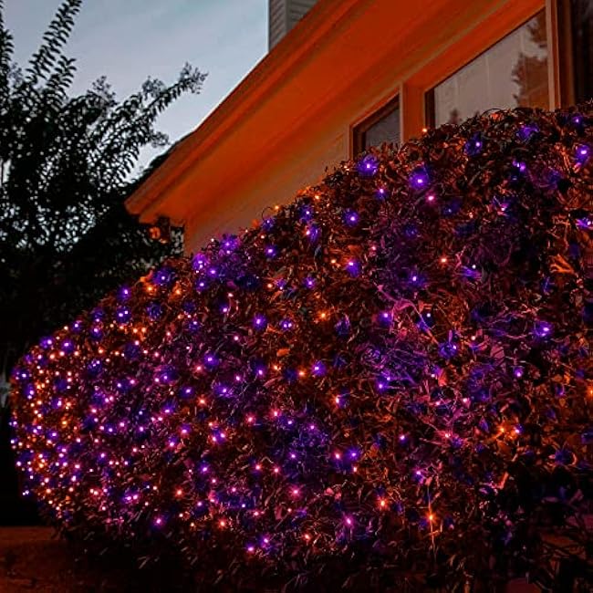 TW SHINE Halloween 200 LED Net Lights, 9.8 FT x 6.6 FT Connectable Waterproof Decorations with 8 Modes for Outdoor Garden Holiday Party (Purple & Orange)
