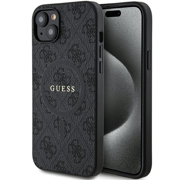 Guess GUHMP15SG4GFRK Hülle für iPhone 15/14 / 13 6.1 Schwarz hardcase 4G Collection Leather Metal Logo