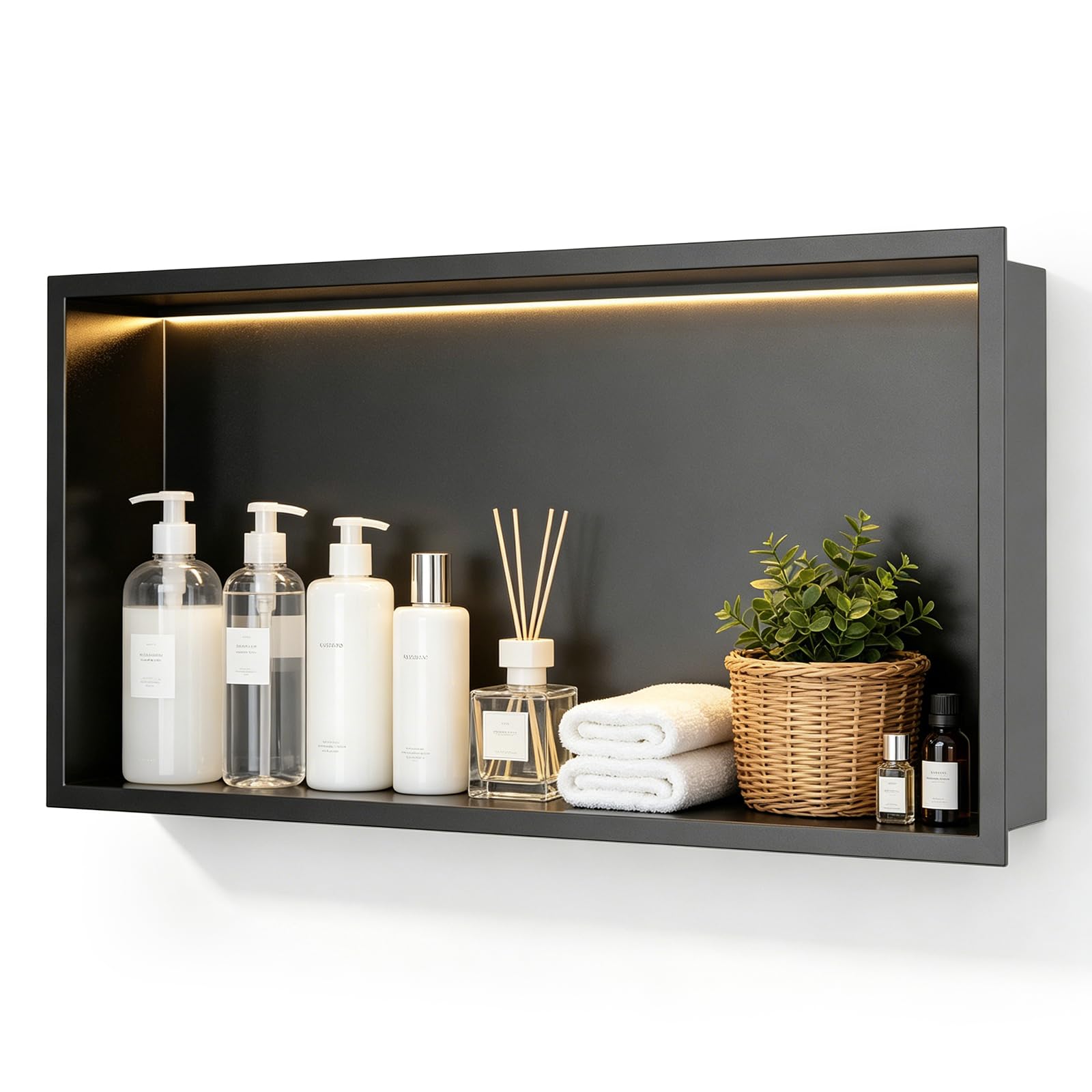 Fushabana 304 Stainless Steel Shower Niche with LED Light 60×30×10 cm, Recessed Wall Storage Shelf, Embedded Wall Niche, 92° Drainage, Rustproof Bathroom Niche, Black