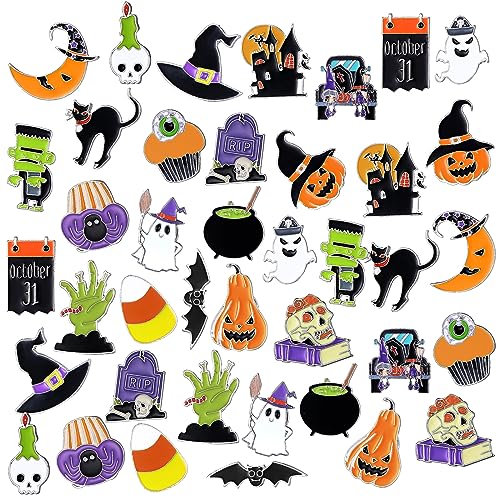 Giegxin 40 Pcs Halloween Enamel Pins Bulk Cute Vampire Skull Ghost Skeleton Pumpkin Witch Bats Candy Brooches Goth Lapel Pins for Backpacks Clothes Bags Accessories Gifts