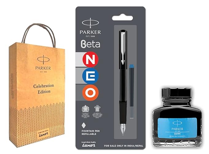Parker Beta Neo Fountain Pen with Blue ink Bottled and Parker Gift Bag