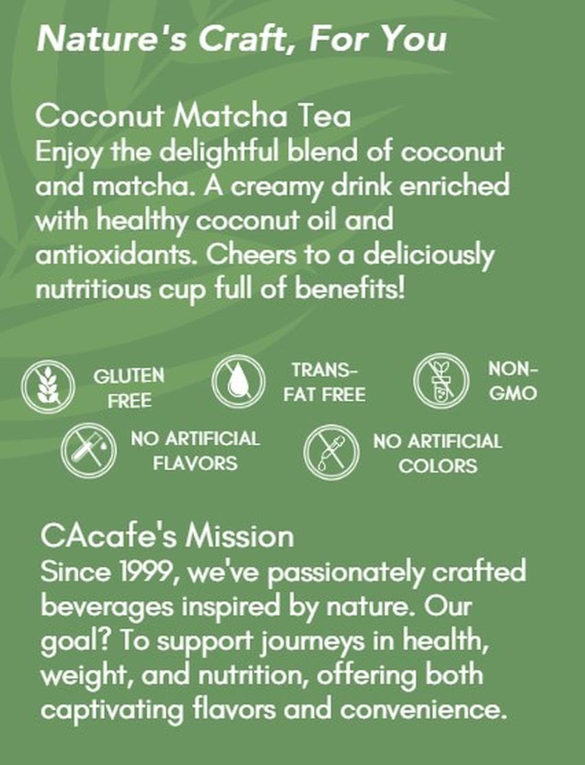 CAcafe Coconut Matcha - Instant Japanese Health Drink - Creamy & Sweet - Hot or Iced Green Tea Latte Mix - New Look, Reduced Sugar - Non-GMO - No Artificial Flavors or Colors | 6-Pack