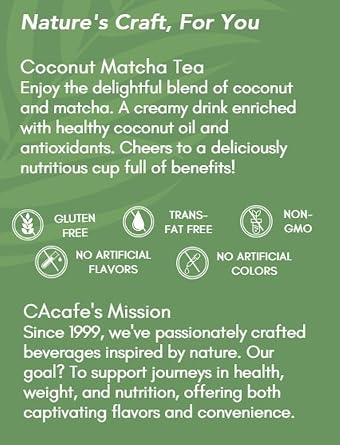 CAcafe Coconut Matcha - Instant Japanese Health Drink - Creamy & Sweet - Hot or Iced Green Tea Latte Mix - New Look, Reduced Sugar - Non-GMO - No Artificial Flavors or Colors | 6-Pack