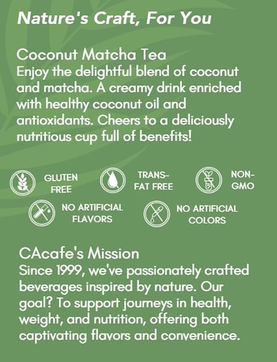 CAcafe Coconut Matcha - Instant Japanese Health Drink - Creamy & Sweet - Hot or Iced Green Tea Latte Mix - New Look, Reduced Sugar - Non-GMO - No Artificial Flavors or Colors | 6-Pack
