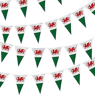 33ft Welsh Flag Bunting,20 Triangle Flag Welsh Bunting with Y Ddraig Goch Red Dragon Wales World Cup Flags Decoration for Indoor Outdoor Sporting Events, Celebrating St. David’s Day