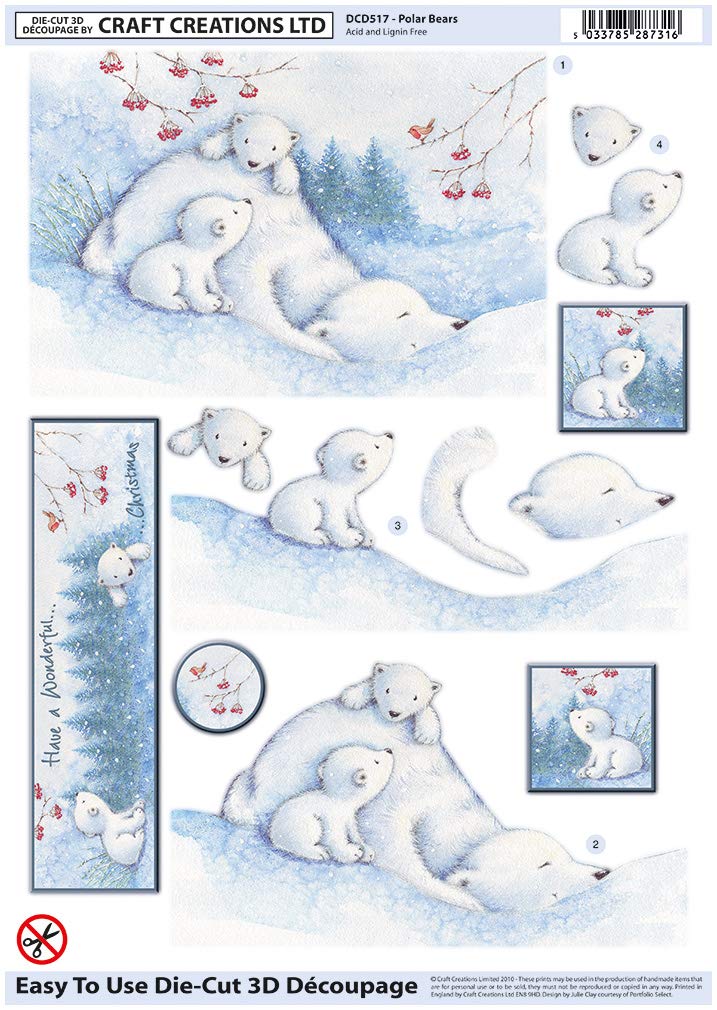 HDmirrorR Craft Creations Die-Cut 3D Decoupage - DCD517 Polar Bears - A4 210x297mm - Step-By-Step Layout