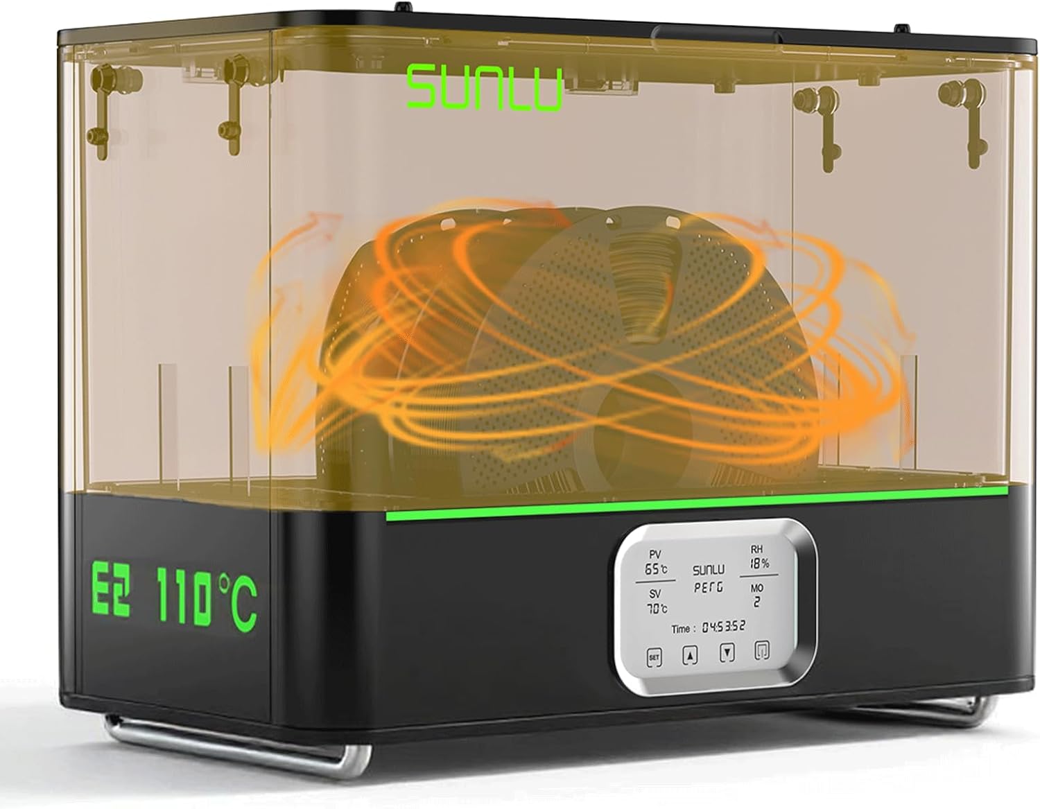 SUNLU Filament Dryer Box E2 with a filament spool inside, showing heat waves