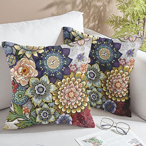Asuexpect Boho Floral Throw Pillow Covers Set Of 2 Colorful Bohemian Flower Decorative Cushions Pillowcase For Bedroom Sofa Home Decor, 18X18 Inch, Velvet #TOP2