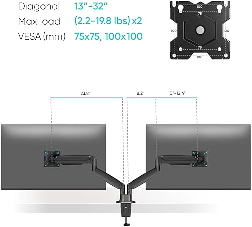 Miniatura 4 de ONKRON Brazo de monitor doble para dos pantallas de 13 a 32 pulgadas de hasta 19 libras cada una, soporte de escritorio con resorte de gas de 75 x