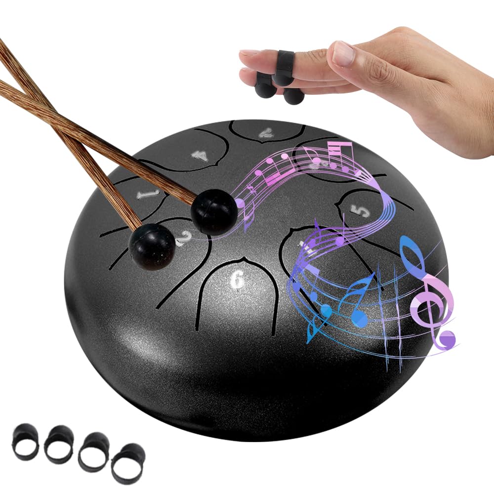 NAVESO Tambor de Lengüeta de Acero, Rain drum para jardín exterior, Handpan Drum, Tambores de Hendidura de 6 Pulgadas y 8 Tonos, con Bastones y Bolsa de Viaje para Yoga,Meditación,Alivia el Estrés