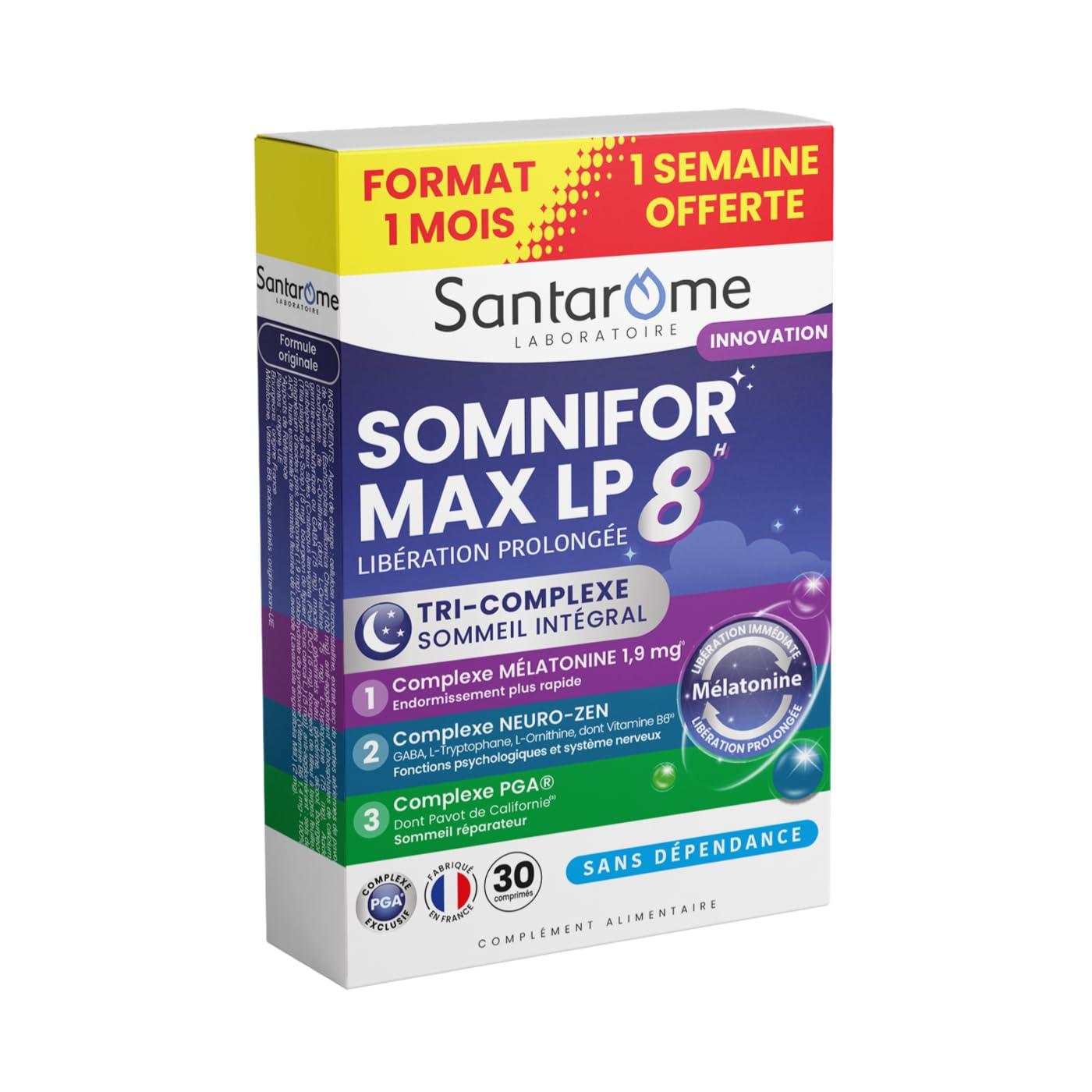 SANTAROME - Somnifor Max LP 8H - Complément Alimentaire Sommeil - Endormissement Rapide & Sommeil Réparateur - Mélatonine 1,9 mg, GABA, L-Tryptophane - Fabriqué en France - 30 Comprimés