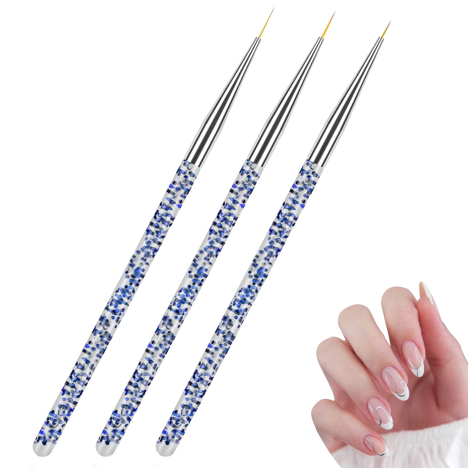 Pinceles para Uñas, 3 PCS Cepillo Uñas Para Pintura Brochas, Nail Art Pintura Dibujo Línea Herramienta, Detalle Para Dibujando Patrones para Uso Diseñol y Bricolaje, Azul