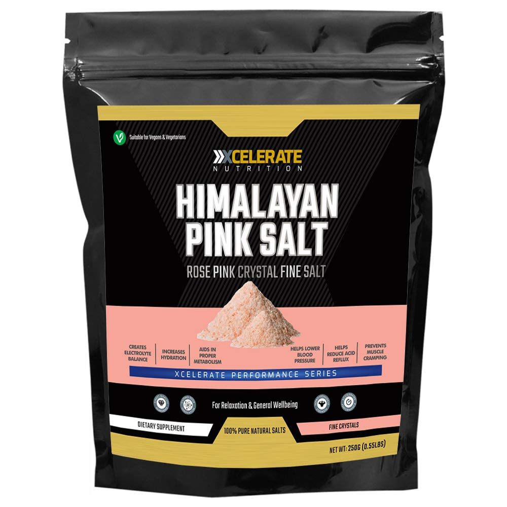 Pure Pink Himalayan Salt - Fine Crystals | 100% Natural | Gluten Free | Vegan | Vegetarian | Premium Quality by Xcelerate (250g)