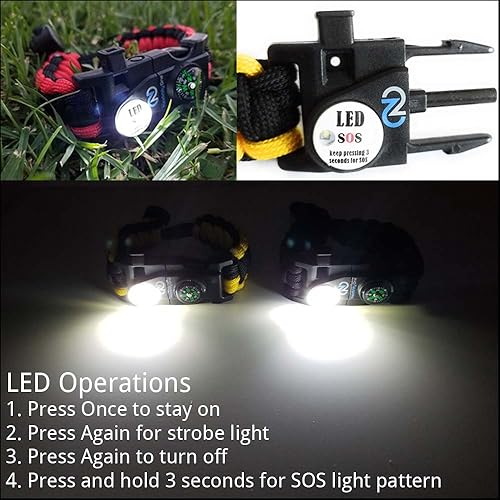 Miniatura 9 de Brazalete de supervivencia – Kit de equipo de emergencia táctico con luz LED SOS, cuchillo, 550 grados, ajustable, multiherramientas, iniciador