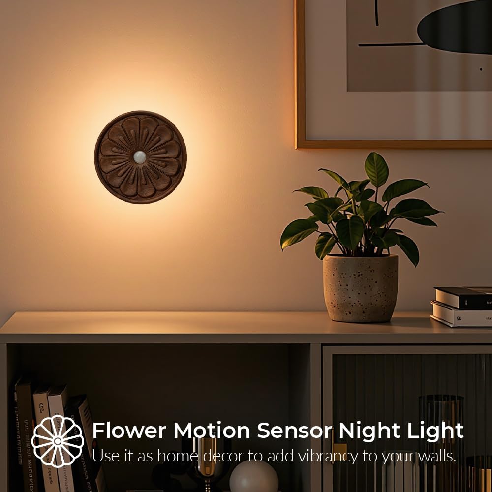 Wood Flower Motion Sensor Night Light, Mini Lamp with Embossed 3D Floral Surface, Rechargeable Warm Light, Stick-On Magnetic Mount for Home Decor, Bedroom, Hallway, Stair (Round Black Walnut *1Pack)
