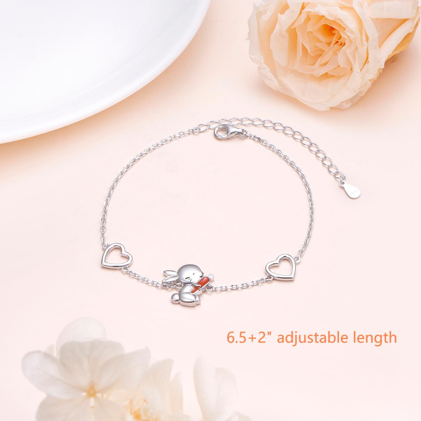 Flyow Pulseras de plata de ley S925 con diseño de tortuga, rana, conejo y corazón para mujeres, adolescentes y niñas, pulsera animal ajustable, joyería, 6.5+2 inches, Sin piedra preciosa