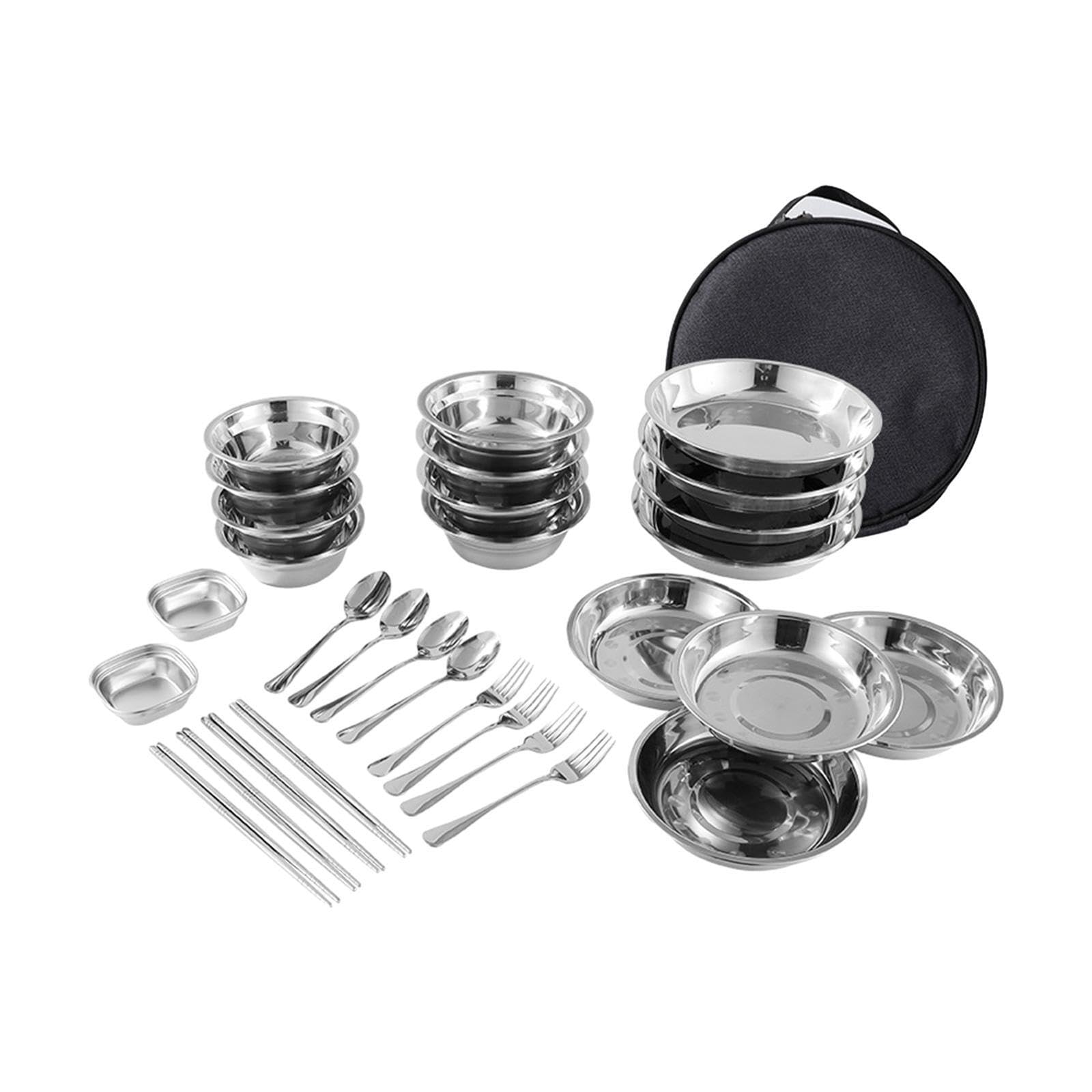 Tragbares Outdoor Kochset, Campingbesteck inklusive robuster Edelstahl Teller, Schüsseln und Besteck sowie Aufbewahrungstasche, 30 Stück