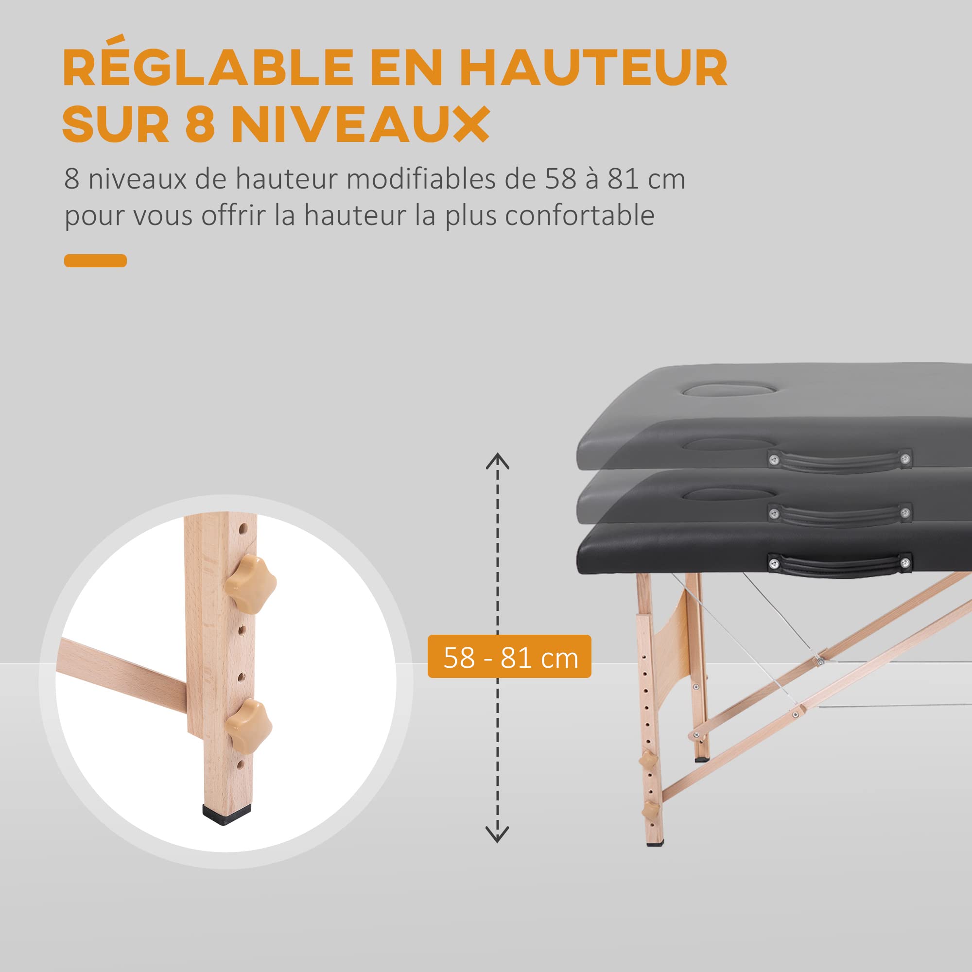 HOMCOM Table de Massage Pliante, lit de Massage 2 Zones 186 x 60 cm Portable, Hauteur réglable, Oreiller Facial Amovible, Table esthétique Tatouage en Bois de hêtre, Sac de Transport Inclus, Noir
