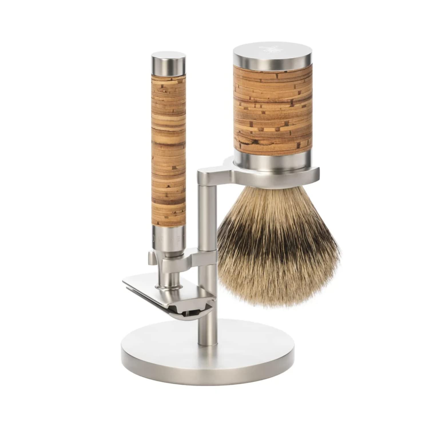 M HLE ROCCA Birch Bark Stainless Steel 3-Piece Shaving Set - Silvertip Badger Brush Safety Razor Stand Safety