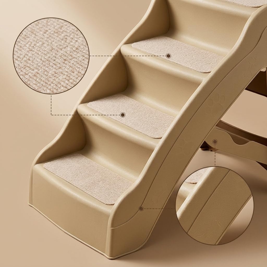 Rampa per Animali Domestici con Gradini Antiscivolo in Plastica Rinforsata Struttura Triangolare Stabile Piegevole E Portatile per Divano Letto Auto, Beige, Rinforzato e ispessito