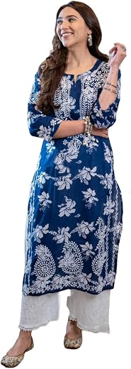 GoSriKi Women's Rayon Blend Chikankari Embroidered Straight Kurta