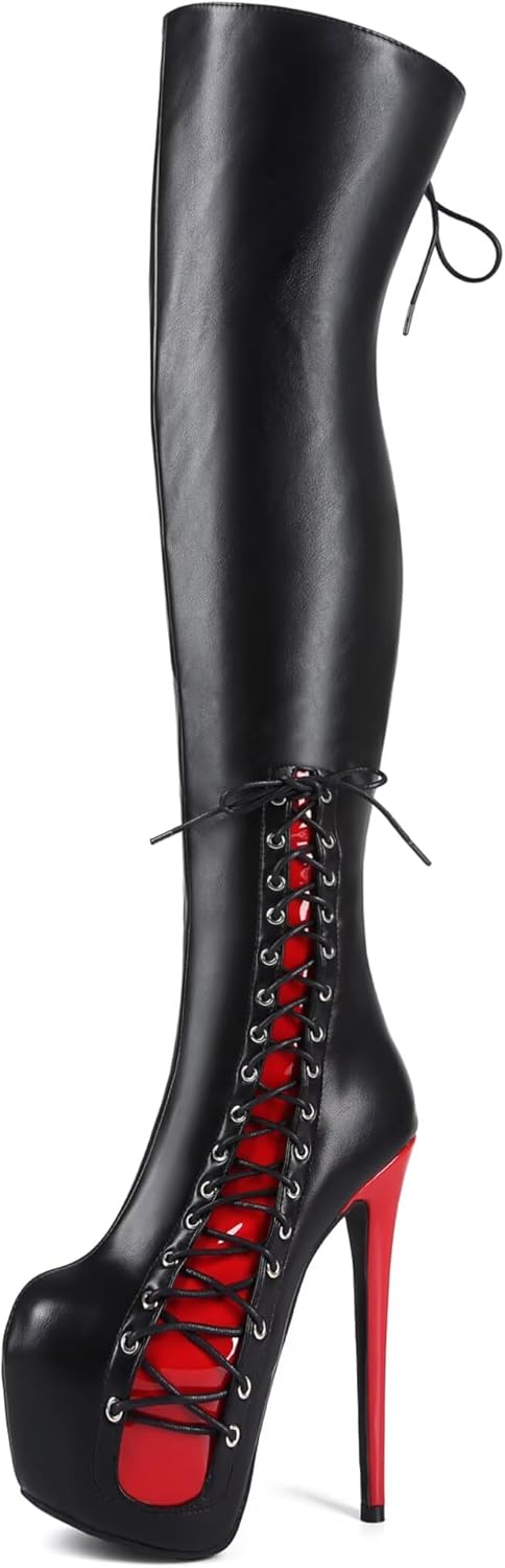 Frankie Hsu Sexy Stiletto Platform Handmade High Heel Over The Knee Long Boots, Black Red Dark Goth Thigh Big Large Size US5-19 Shoes For Women Men