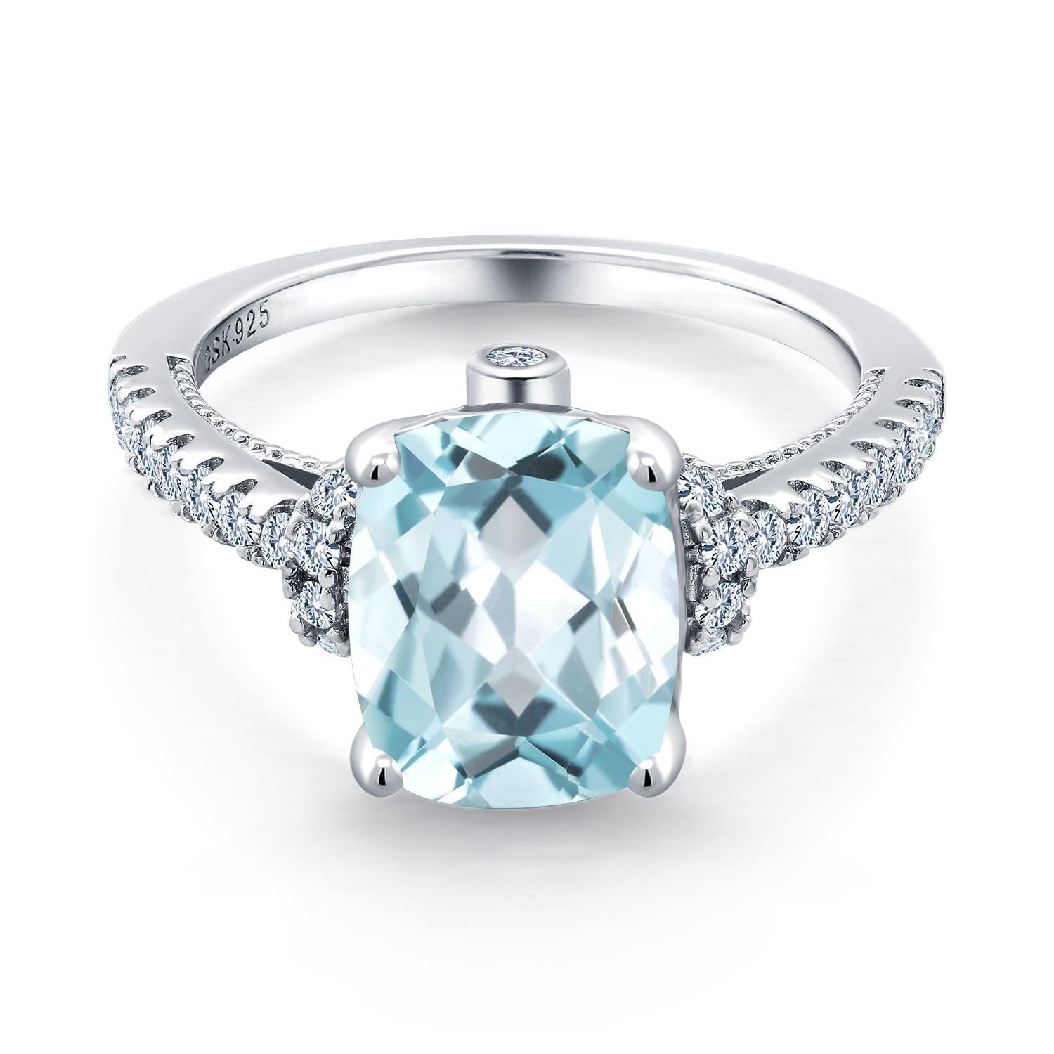 Gem Stone King 3.11 Cttw Sky Blue Simulated Aquamarine and White Created Sapphire Ring For Women | 925 Sterling Silver | Wedding Engagement