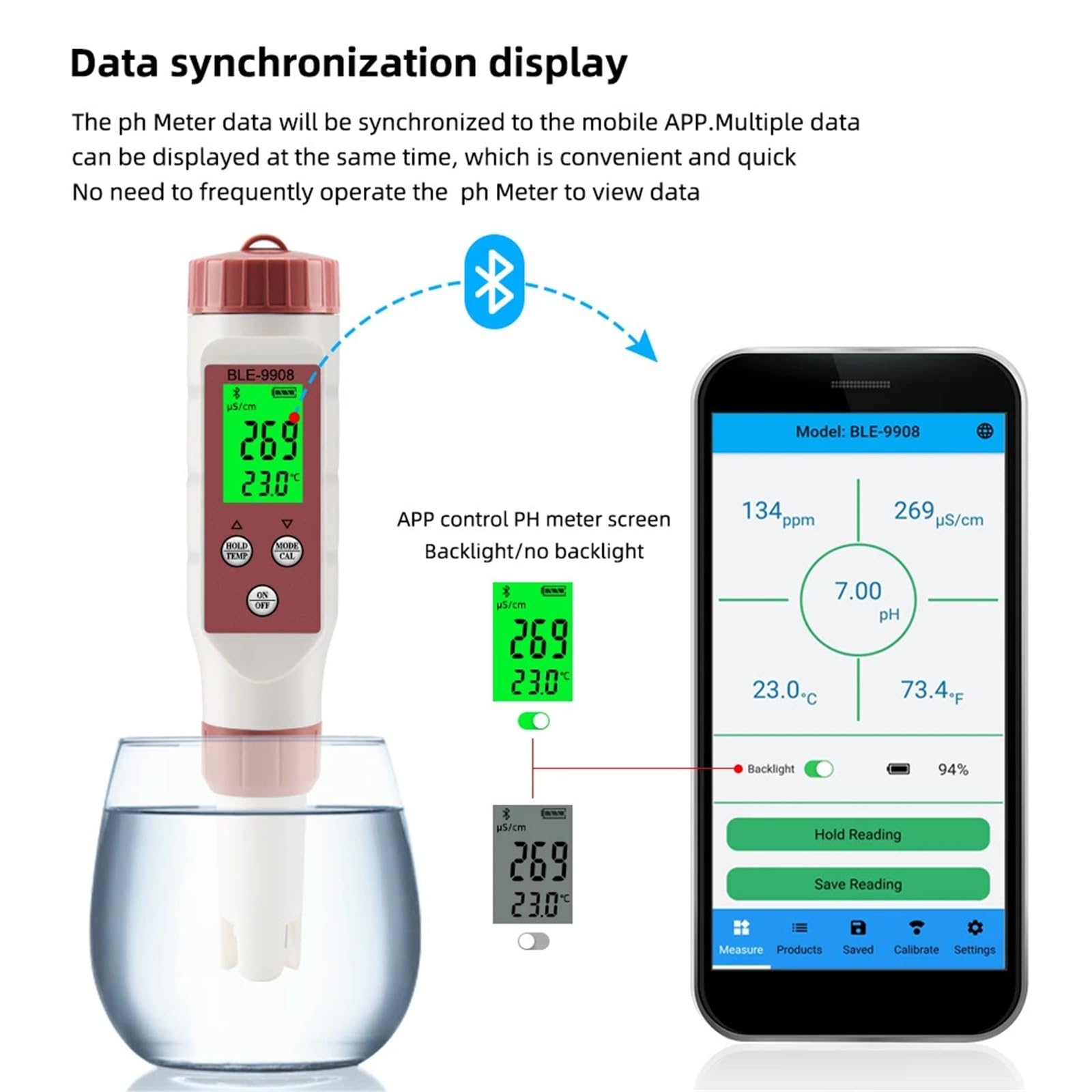 Testeur de pH/EC/TDS/Temp Bluetooth, Application de contrôle Intelligent de la qualité de l'eau, ATC for Aquariums d'eau Potable
