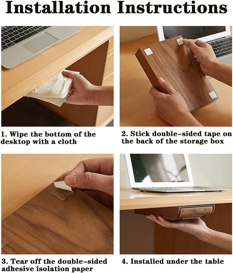 Under Desk Wooden Storage Box Drawer Storage Walnut Bamboo Wood Attachable Under Desk Storage Drawer Cutlery Storage Office Stationery Sundries Storage Box Strong Adhesive Hidden Drawer (Walnut,S)