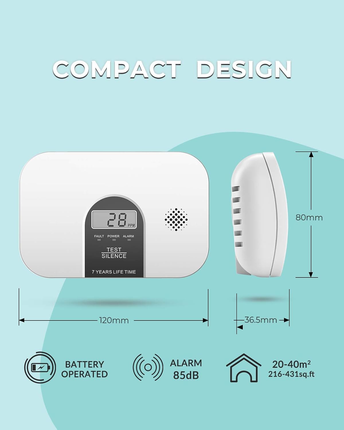 Ecoey Carbon Monoxide Detectors , 7-Year CO Detector with LCD Digital Display, Fire Alarm with Silence Function and Test Button, 2 AA Battery-Powered, FJ128, 1 Pack - - 