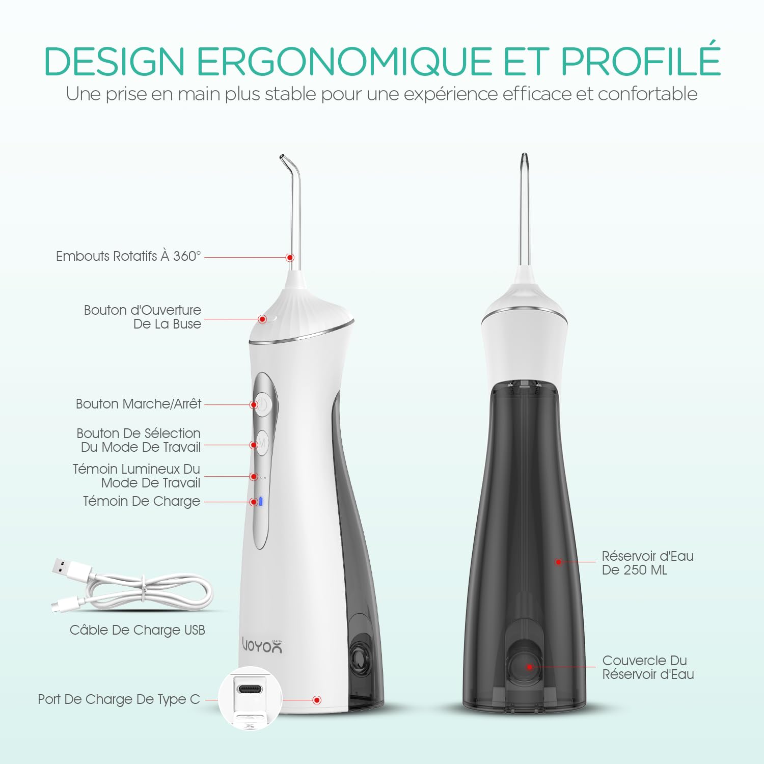 VOYOR-HEALTH Jet Dentaire Hydropulseur Portable et Irrigateurs Oral WF400 | Nettoyage en profondeur, Water Flosser, 4 Buses, Rechargeable par USB, Étanche IPX7, Maison et Voyages