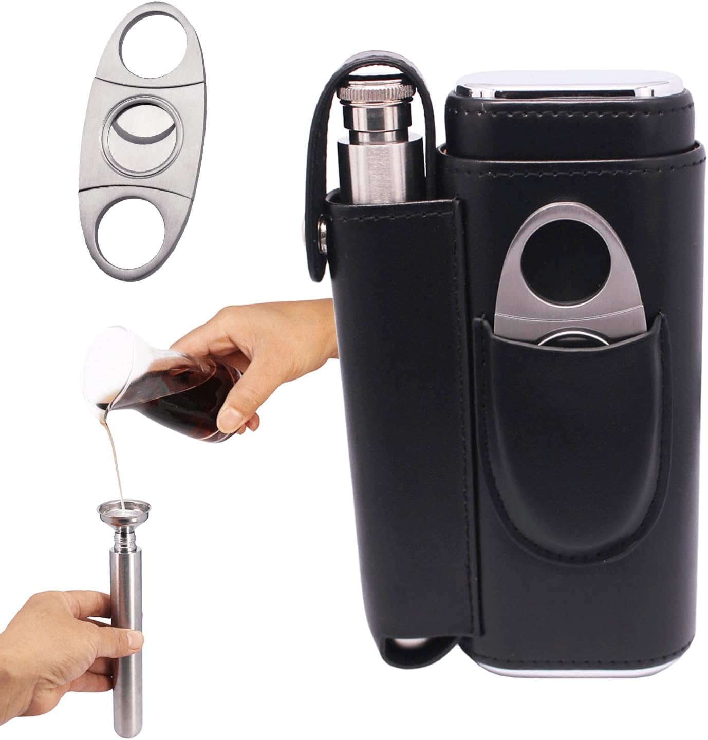 AMANCY Convenient Cedar Wood Lined 2 Holder Black Cigar Case Flask