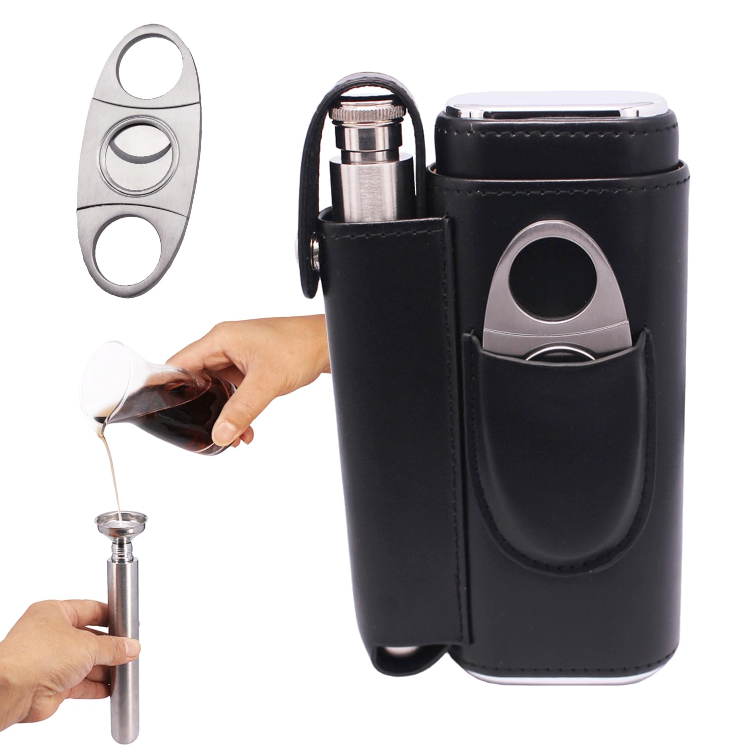 AMANCY Handy Cedar Wood Lined 2 Holder Black Cigar Case Flask Set with 2 Oz Stainless Steel Flask and Cutter