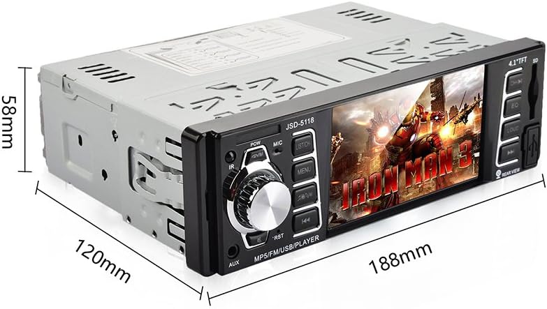 Rear view of the AZGIANT JSD-5118 Car MP5 Player showing labeled connection ports for power, antenna, rear camera input, video output, and left/right audio outputs.