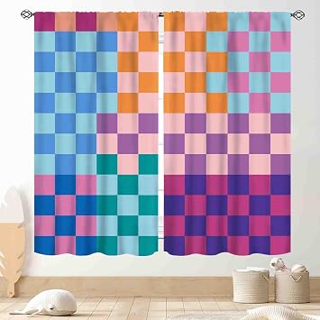 70S Checkered Curtains, Retro Vintage Funky Hippie Aesthetic Groovy Modern Checkboard Cute Colorful Purple Window Curtains for Living Room Bedroom Kitchen Bathroom 2 Panels, 42"x45" Inch