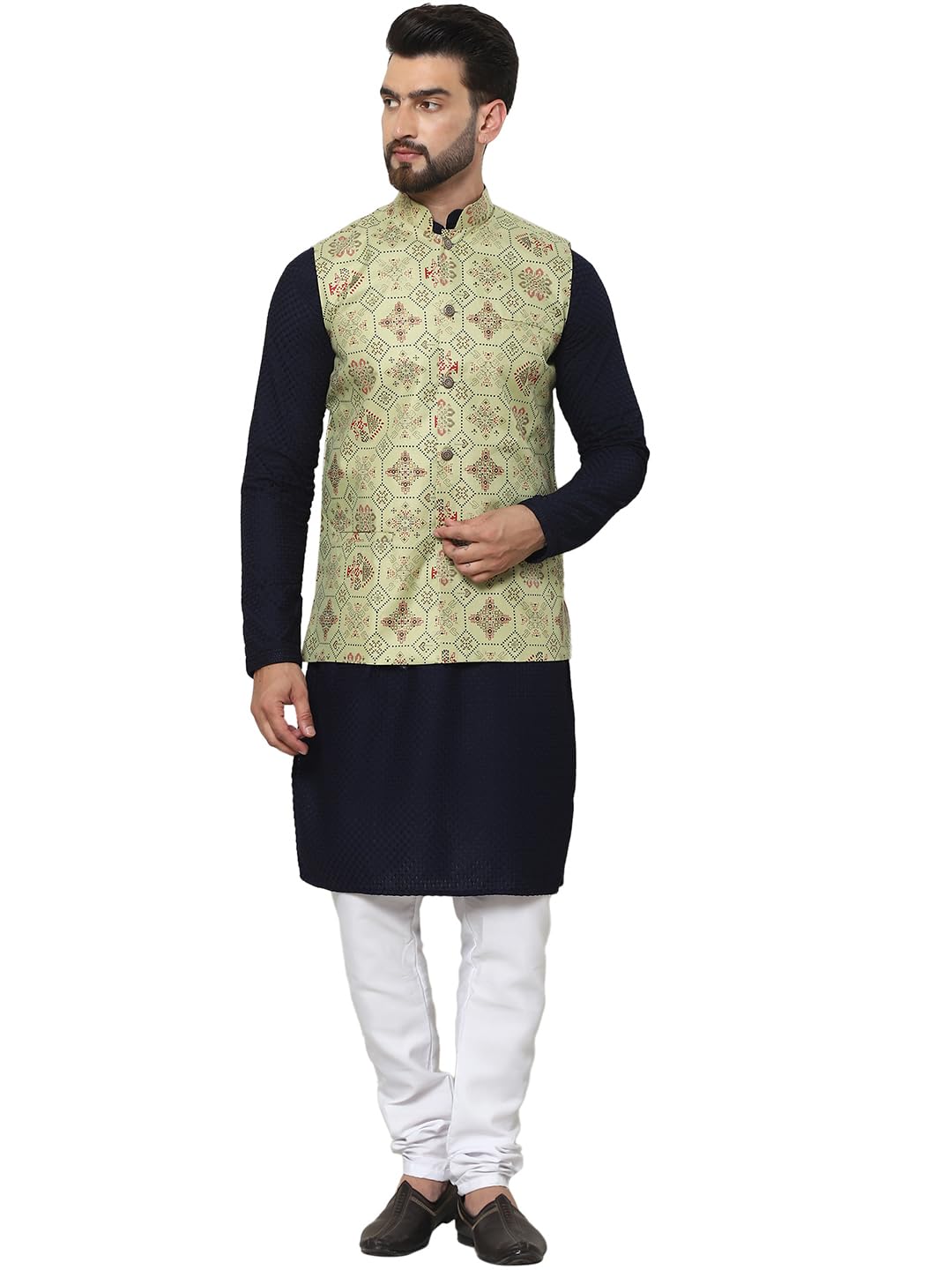 Sojanya (Since 1958 Men's Pure Cotton Navy Kurta And White Pyjama With Printed Pista Green Nehru Jacket