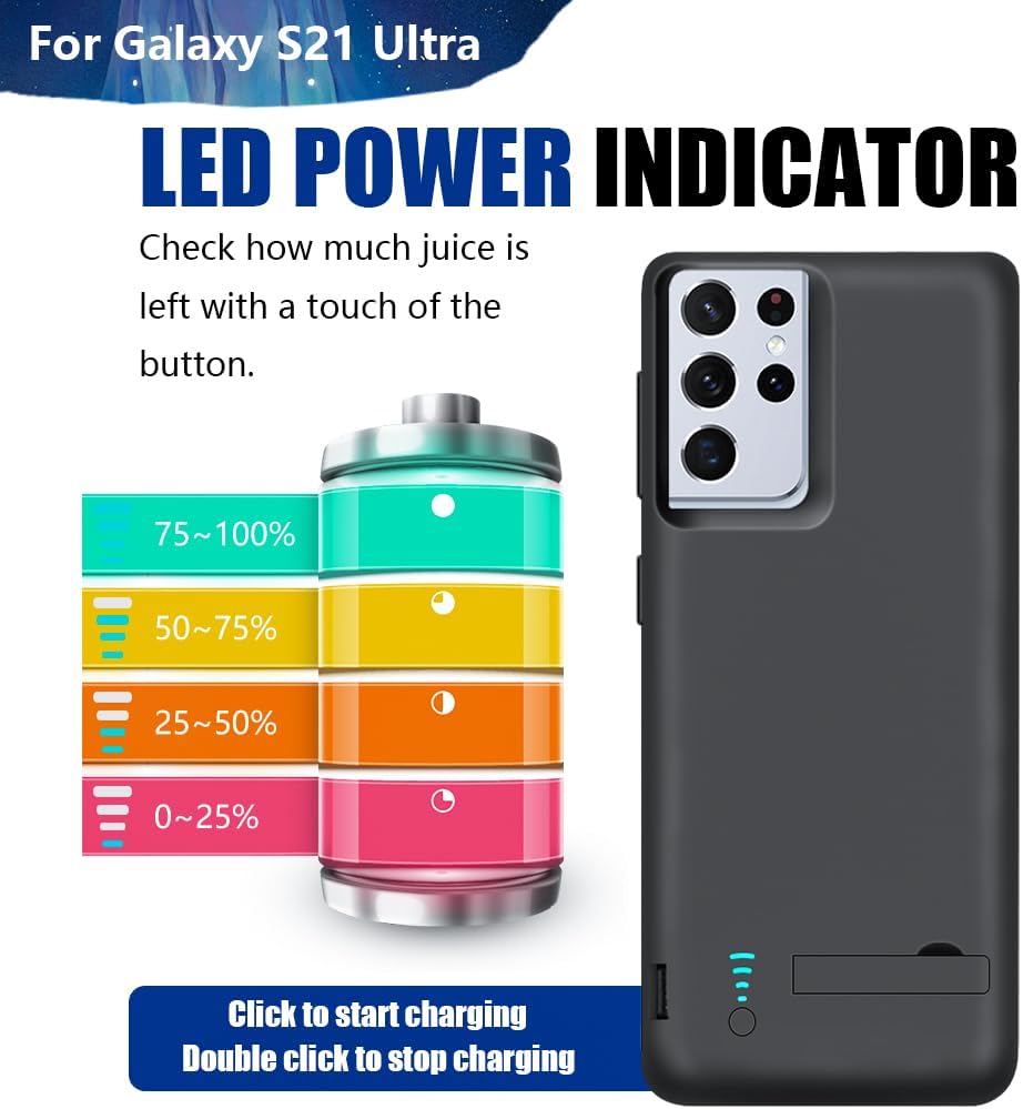 [Upgraded Battery Case for Samsung Galaxy S21 Ultra 5G, 5000mAh Rechargeable Extended Battery Charging Charger Case, Add 100% Extra Juice (6.8 Inches) Black