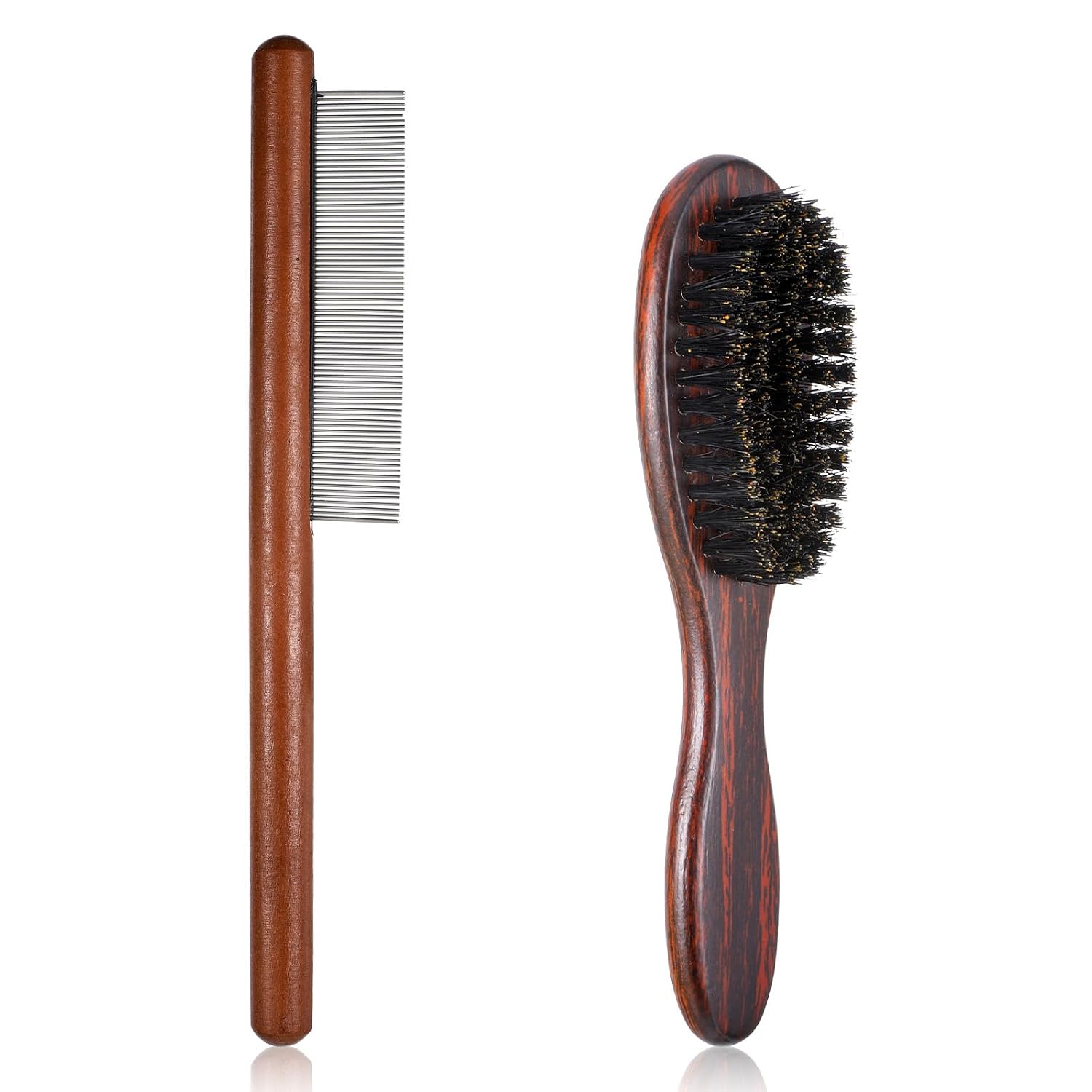 2PCS Bristle Cat Brush and Comb with Wooden Handle